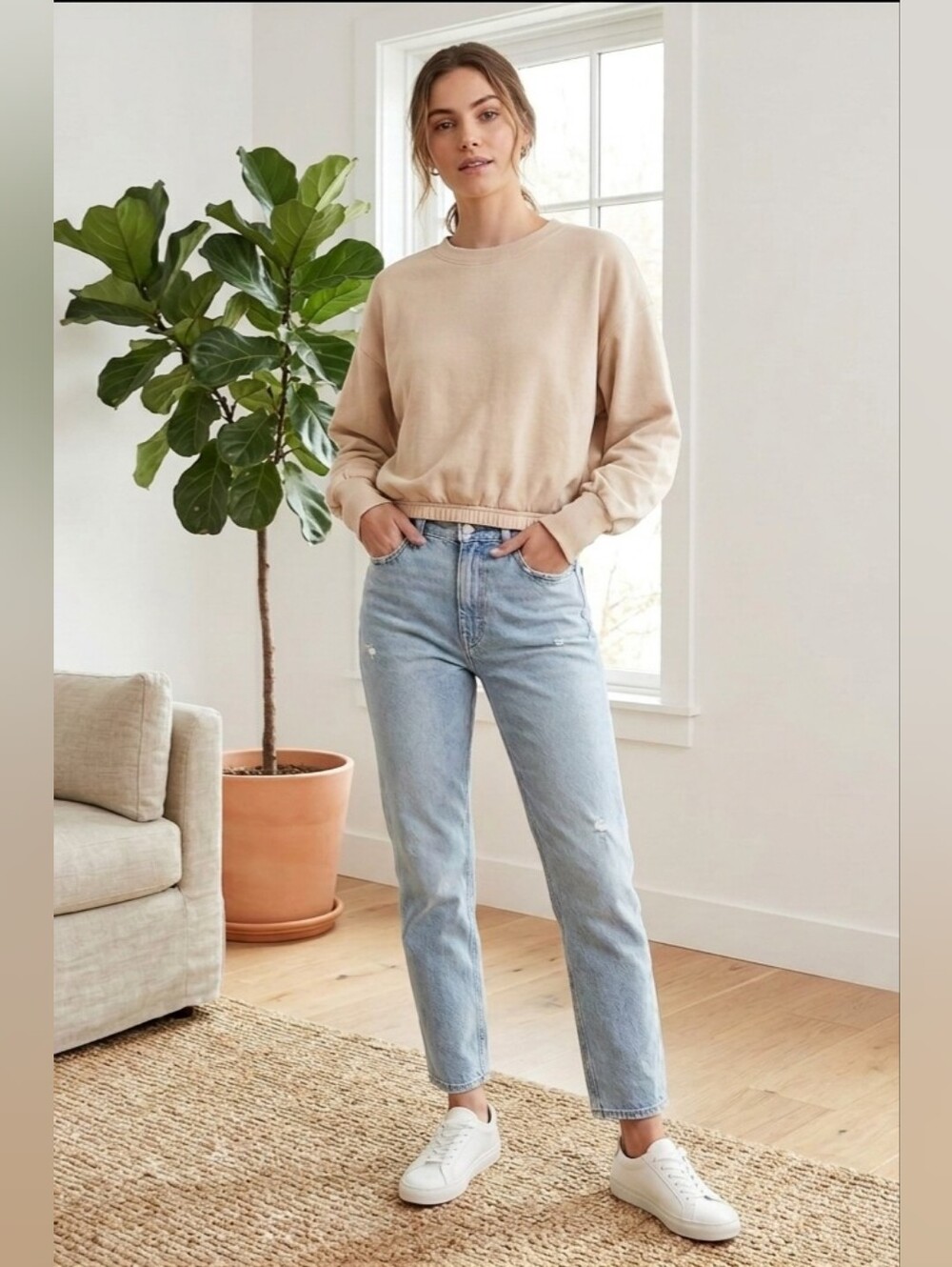 JoyLab Cropped Crewneck Sweatshirt in Beige